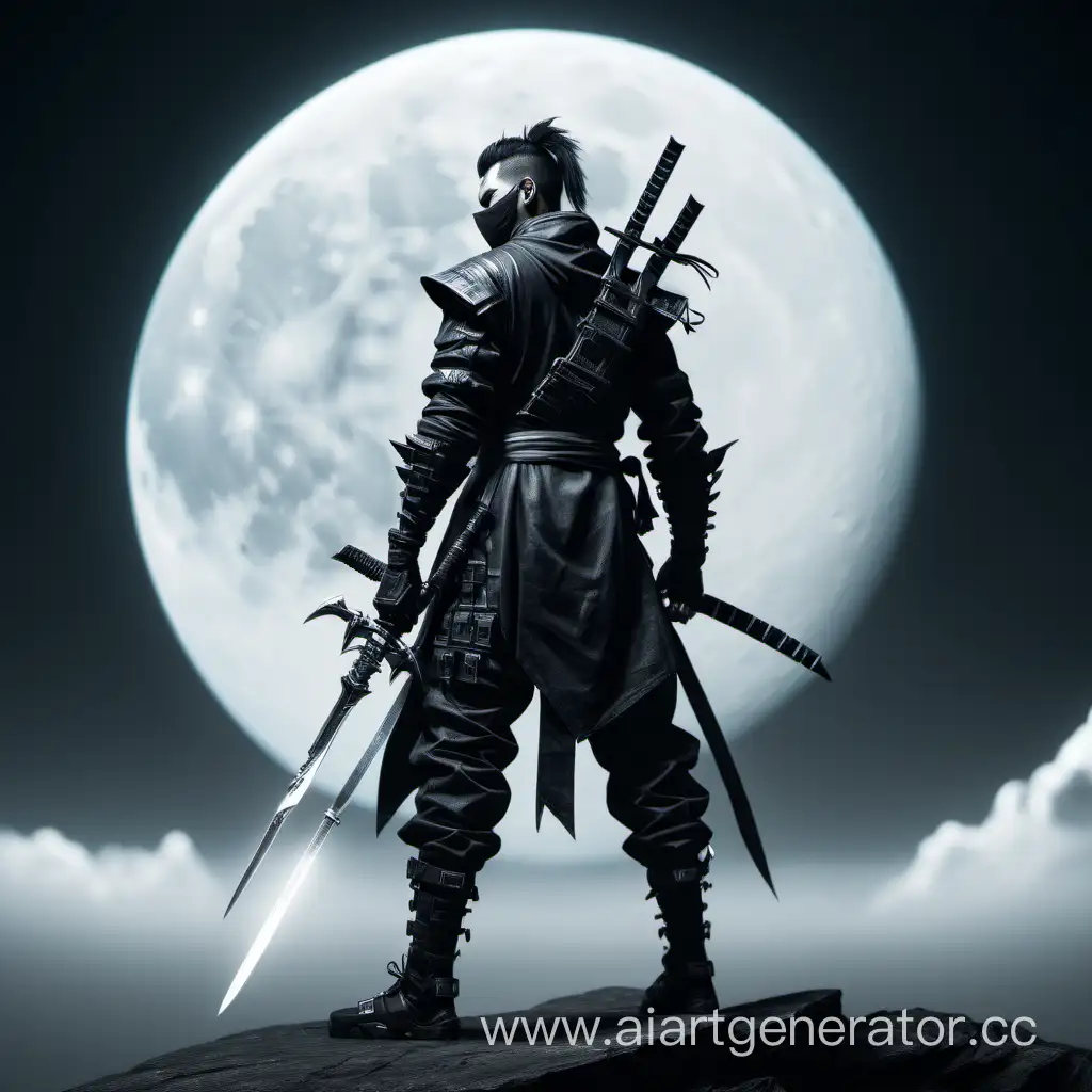 Ниндзя из бдо на свете белой луны в черных тонах в стиле киберпанка стоящий задом и смотрящий в бок держа в руке меч