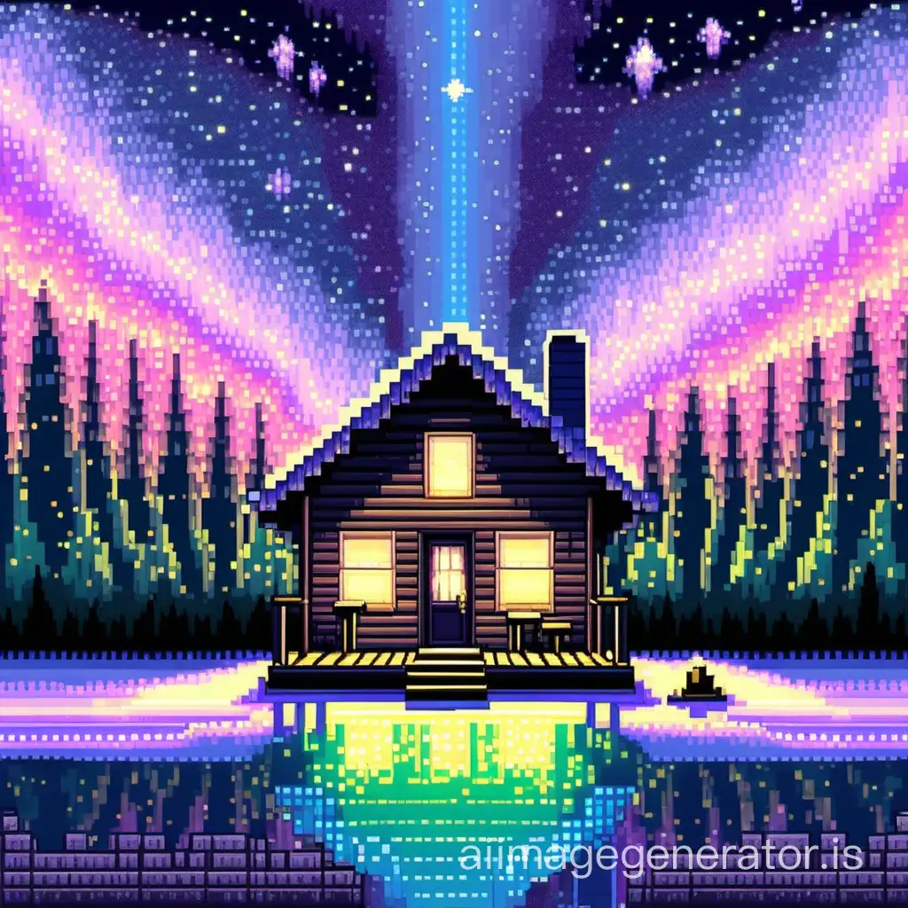 pastel pixel art of a cabin in the woods, with the night sky, stars and aurora borealis overhead