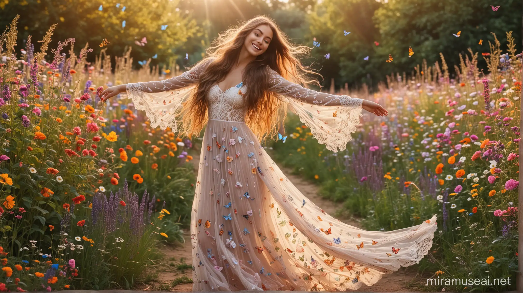 Enchanting NeonRainbow Garden Joyful Woman with Extra Long Hair Dancing Among Flowers