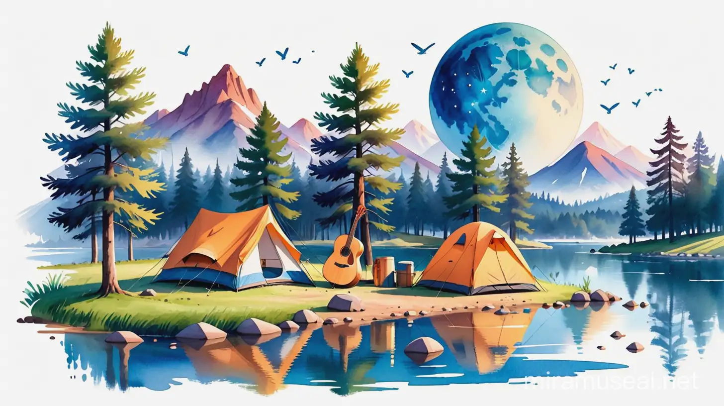 a camping scene flat 2d, water colour, clean, simple, white background, professional t-shirt design vector for blue grass music festival --v 5.2-