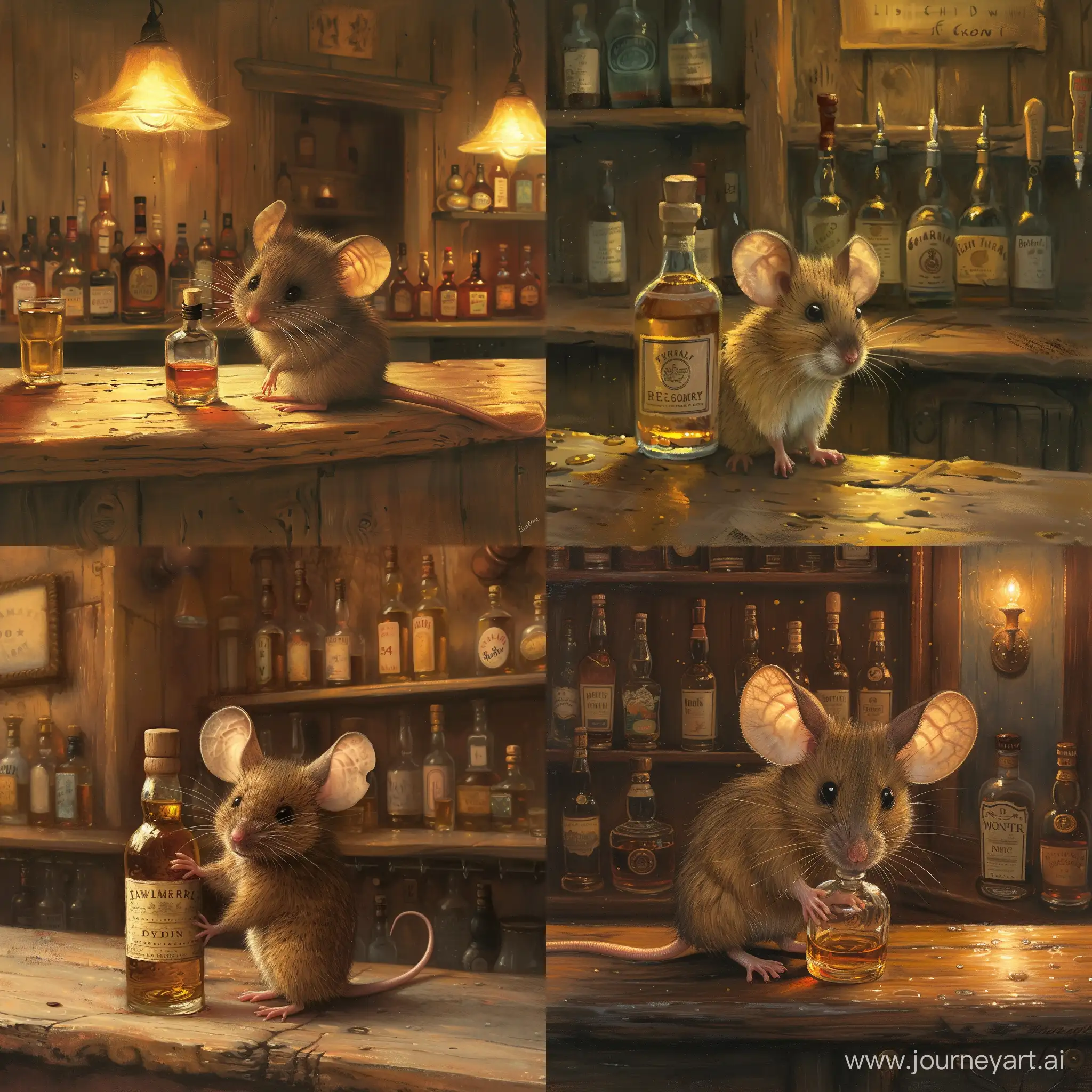 маленький мышонок в баре с бутулкой виски