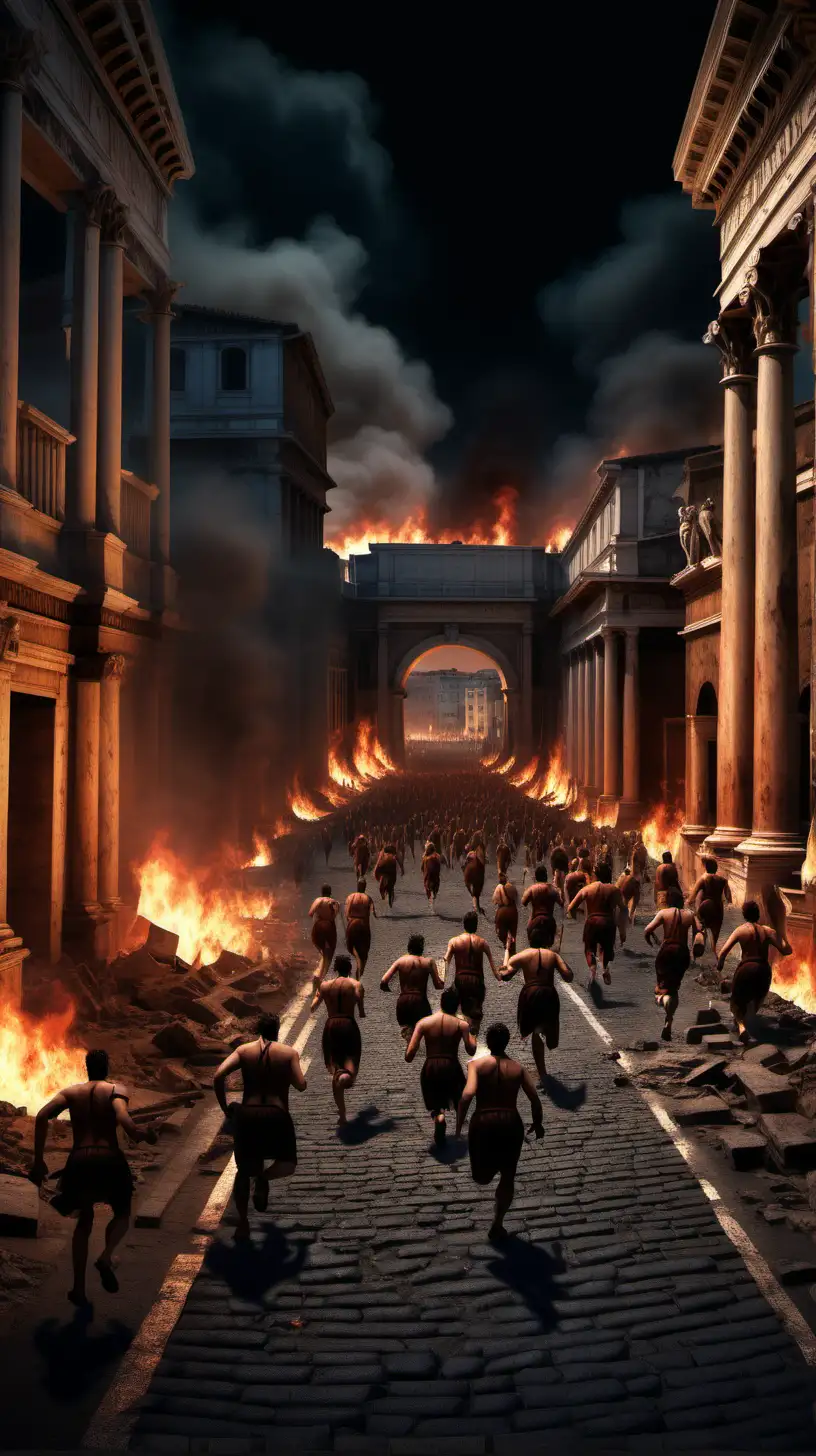 create a realistic image of streets of ancient rome when nero burned the city. people with scared faces running toward the viewer. semipanoramic night view