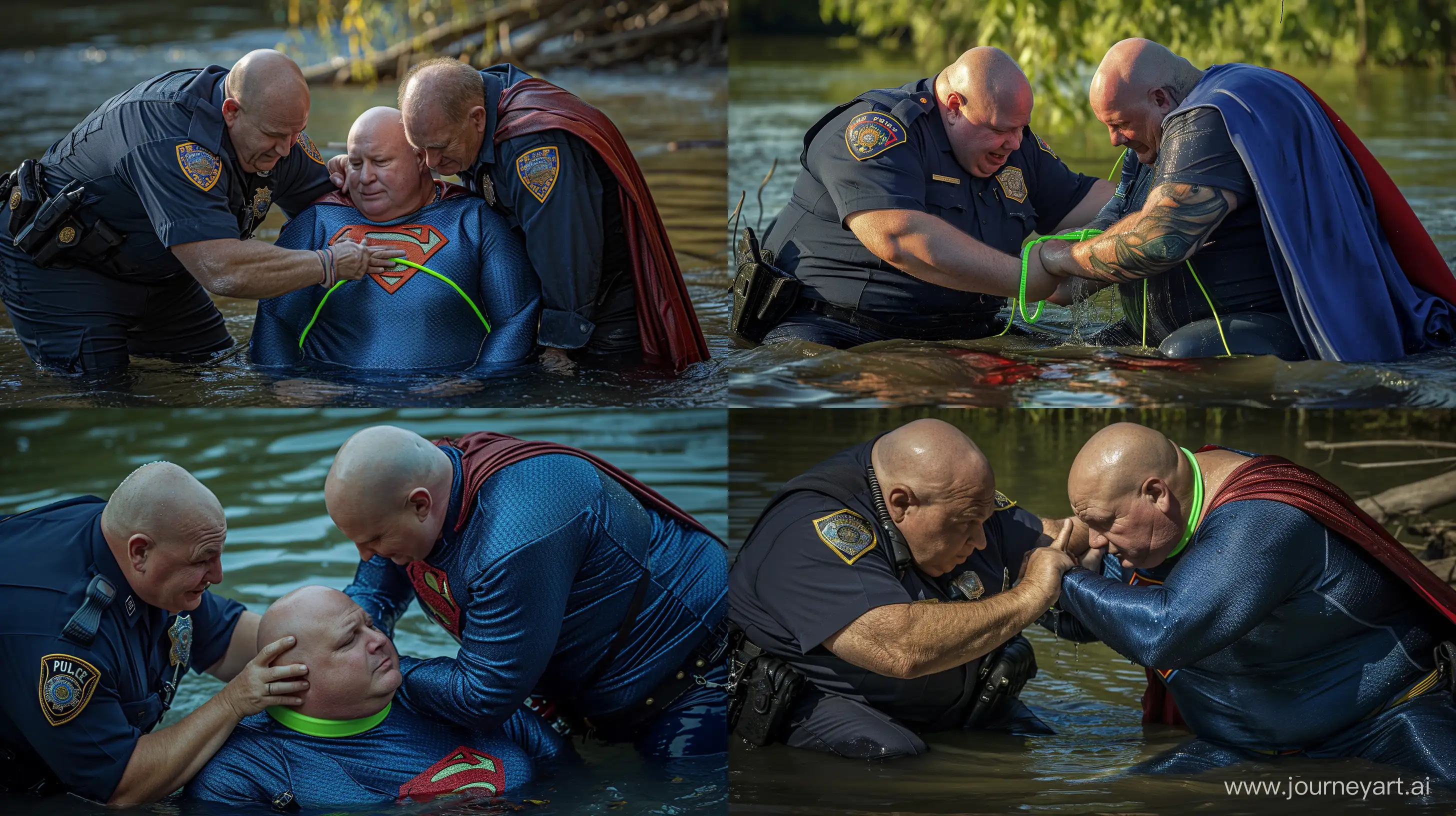 Fashion closeup photo of two chubby man aged 60 wearing a wet navy police uniforms, bending and tightening a wide green neon short dog collar around the neck of another chubby man aged 60 sitting in water and wearing a tight blue silky soft superman costume with a large red cape. River. Bald. Clean Shaven. --style raw --ar 16:9 --v 6