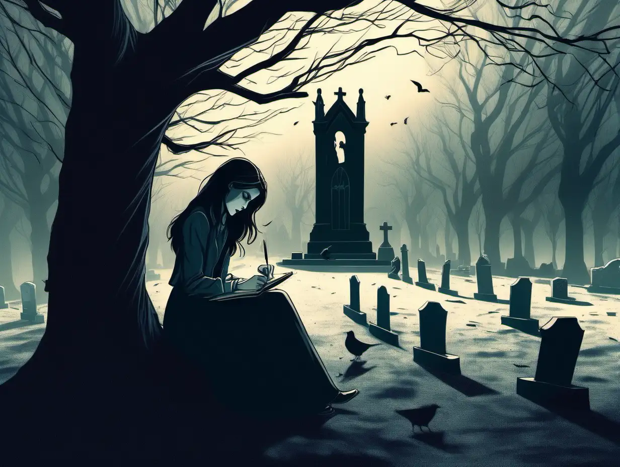 lonely brunette girl, sitting in a quiet graveyard, writing in a journal, being stalked by a shadowy figure of a man