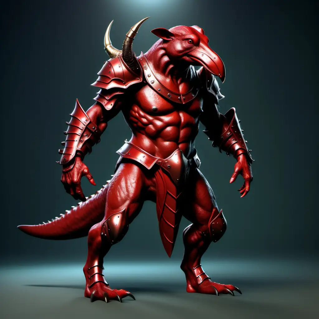 реалистичный  красный утконос-демон в доспехах с рогами на голове четыре лапы кентавр в полный рост