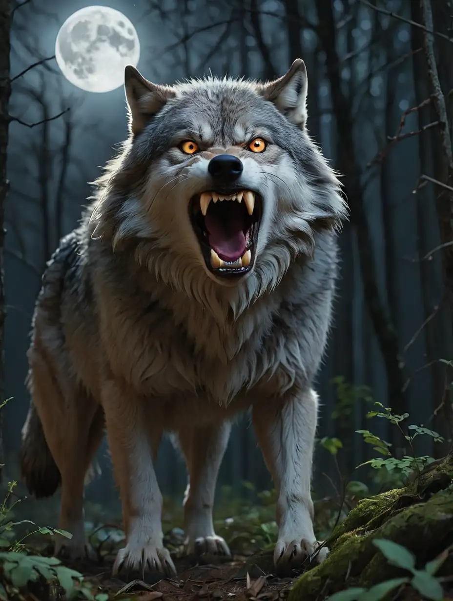 a lone snarling wolf hunting in the woods at night with a full moon shining down