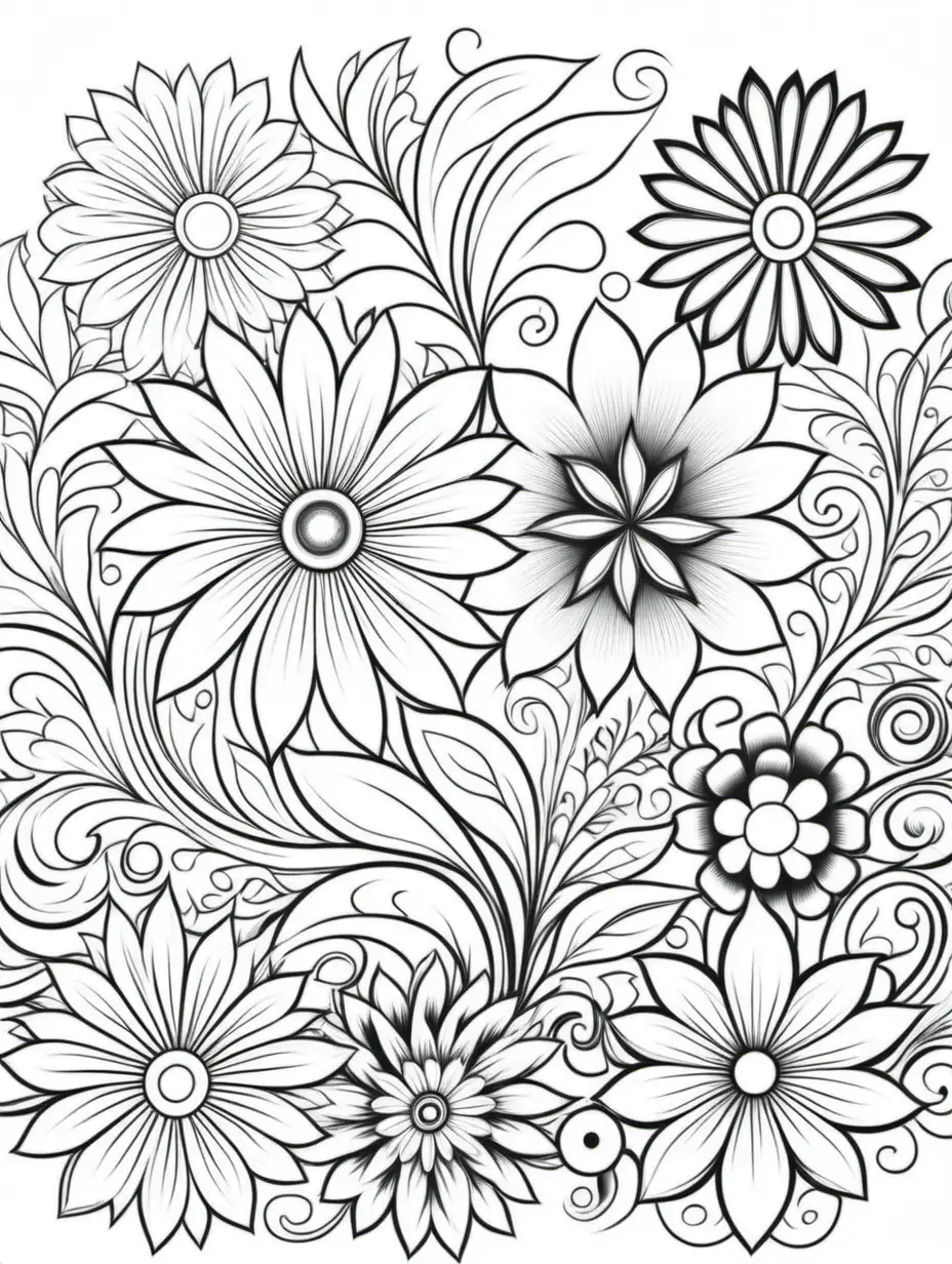 coloring page, artistic shapes and floral, black and white, white background, no shading, simple design, digital art
