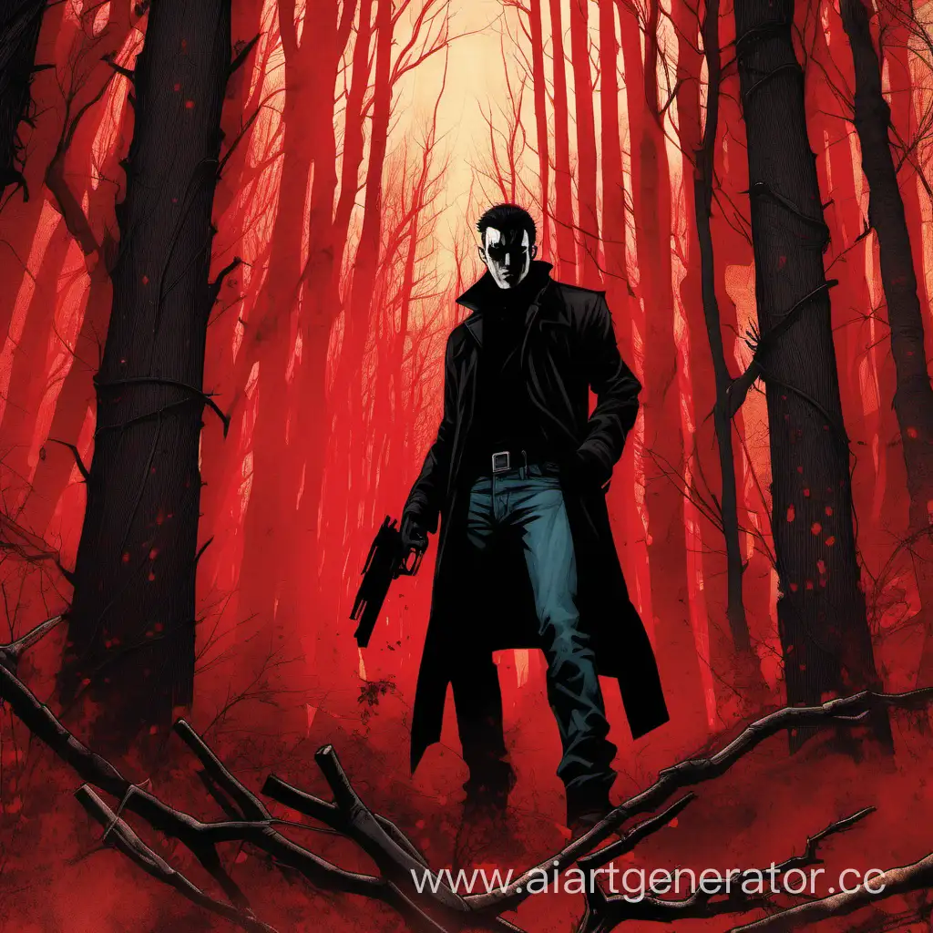Мужчина в черном плаще и джинсах с затемненным лицом и пистолетом в правой руке стоит в окружении красного леса.