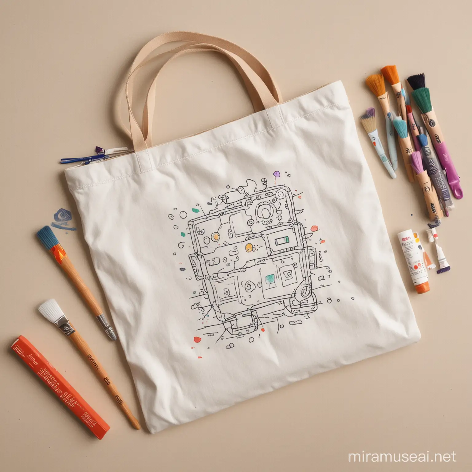 Sketch an ideation of toy design kit contains White canvas bag, painintg colors, brushes, stamps. the concept is to paint the bag to make it personalized with the help of given colors and stamps in a kit
