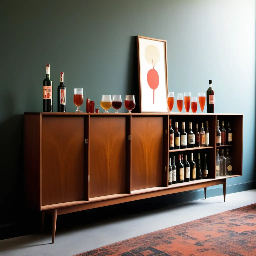 design a midcentury cabinet that is 4 metres long and 80cm high, with some cabinets for alcohol and some open areas for books