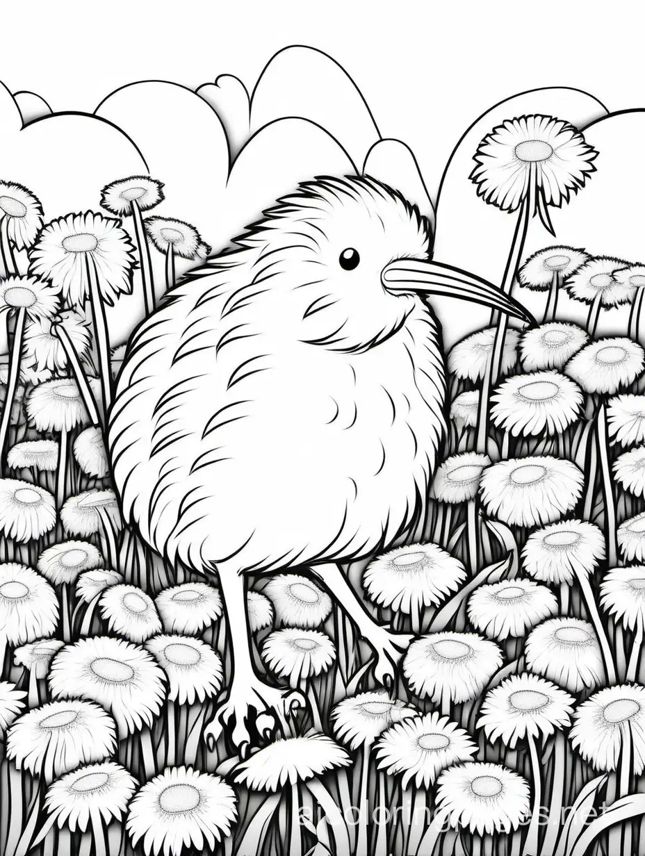 kiwi in a field of blooming dandelions line art outline  black and white  emphasize simplicity  ensure the image is easy for coloring, Coloring Page, black and white, line art, white background, Simplicity, Ample White Space. The background of the coloring page is plain white to make it easy for young children to color within the lines. The outlines of all the subjects are easy to distinguish, making it simple for kids to color without too much difficulty