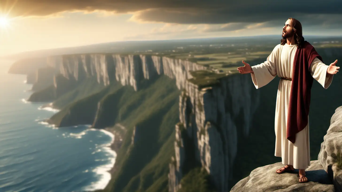 Majestic Jesus overlooking breathtaking scenery from a Cliff