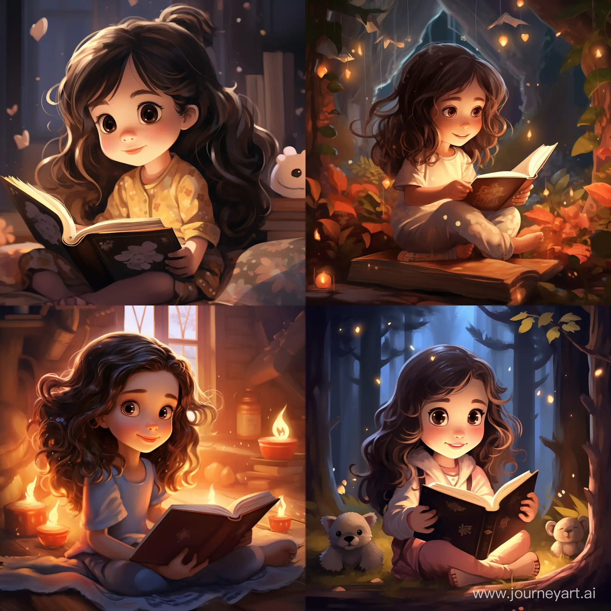  a little girl reading a magical book, cartoon style