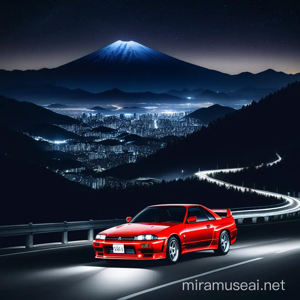 Nissan Skyline R32 Driving Through Japanese Mountain Night Sky