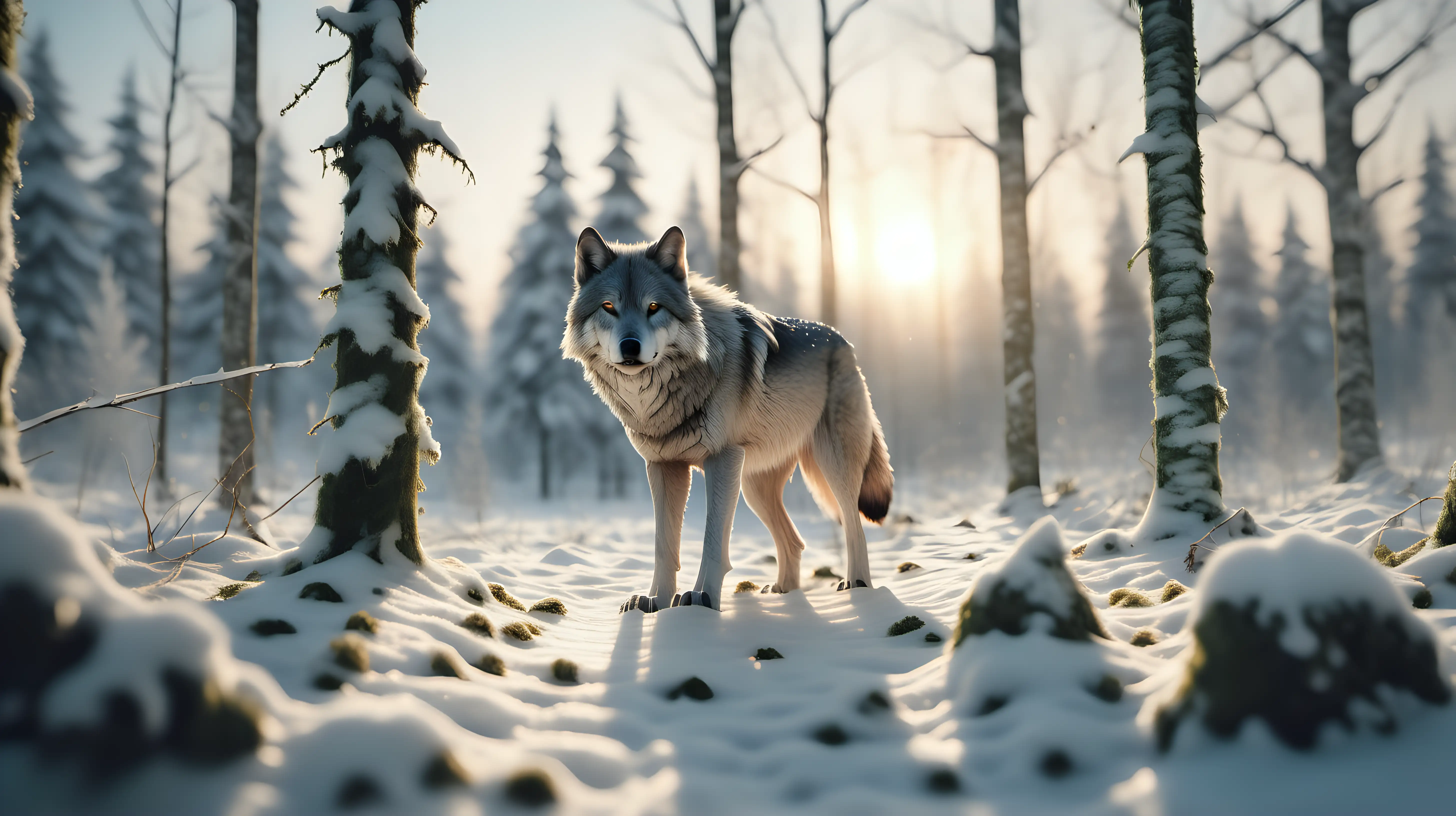 create a snow forest scene, wolf is moving away from camera in the horizon, visible tracks in the snow, moss covered with snow, ultra realistic, ambient sunset light