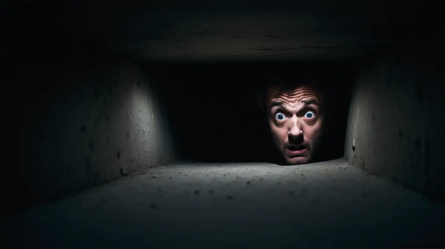 scared lying man in entire darkness looking small hole