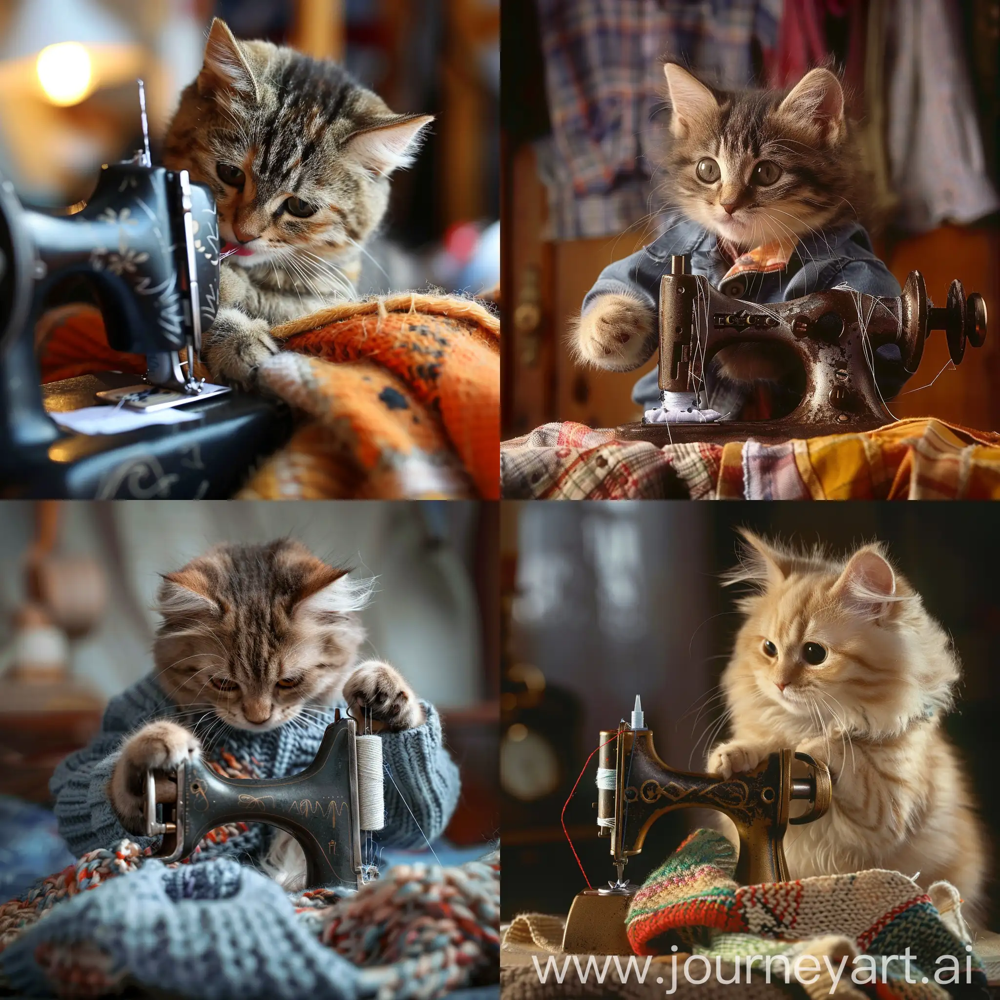 create photos of cute cats who sew clothes