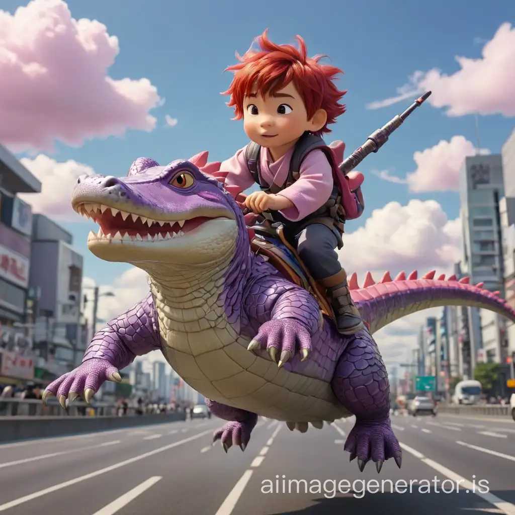 A purple and glittery alligator going down a busy highway in Tokyo, a tiny boy is on top of the alligator while he takes pictures. The little boy is wearing a ninja costume and has red hair. There is a pink airplane in the sky and fluffy clouds everywhere.