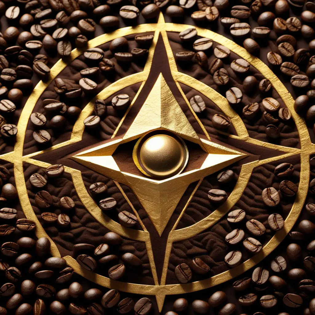 The coffee bean highlighted in a transcendent state, with gold alchemical geometry. Use dark and earthy tones.