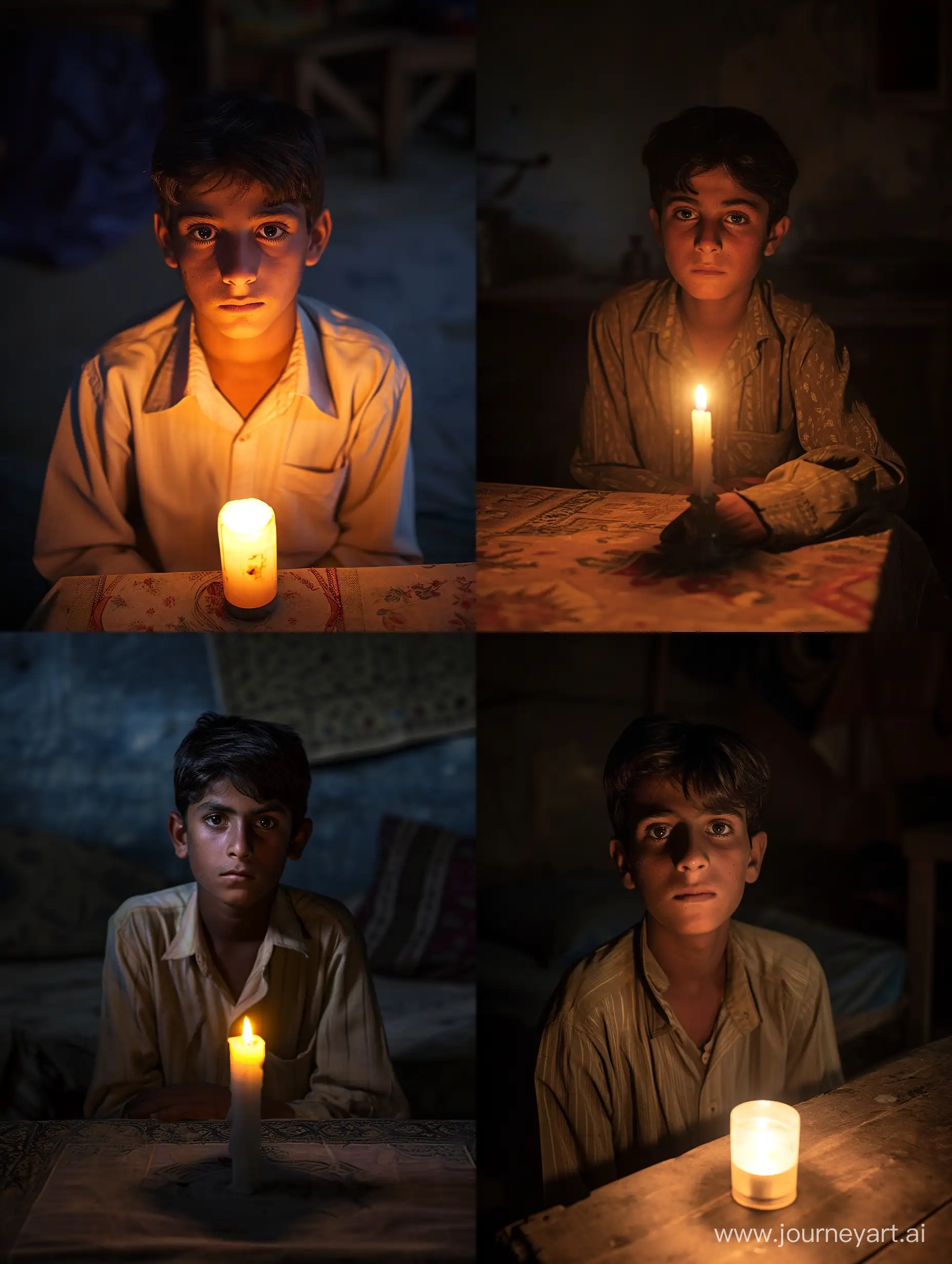 A handsome 19-year-old Pakistani boy sits in front of a table illuminated by the soft glow of a single candle.