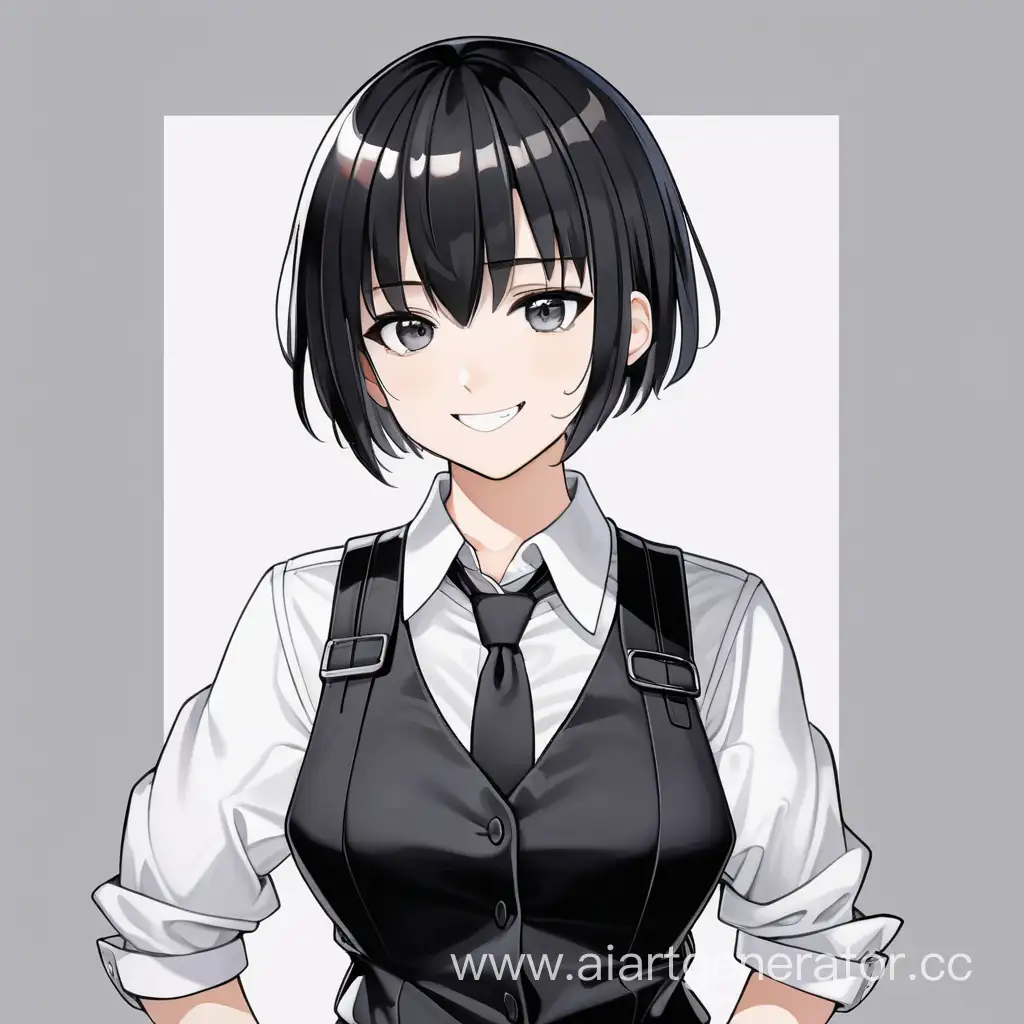 A girl with a short black haircut. Dressed in a white shirt, black bulletproof vest, black tie, black trousers, black combat boots  Gray eyes  Playful smile Confident pose  anime style