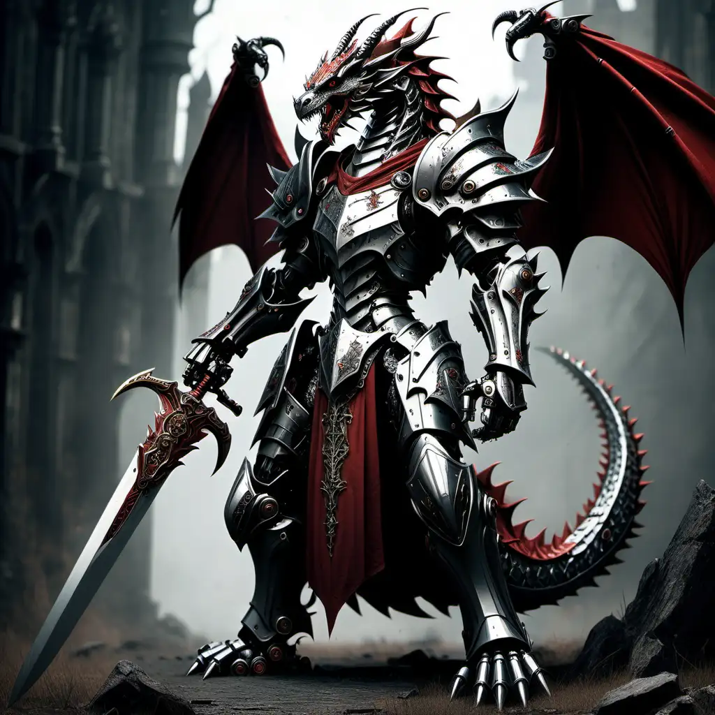 Soldado robot dragon, en armadura gotica, portando enorme espada