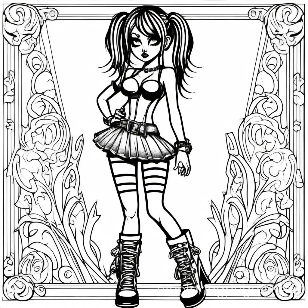 A sexy goth / emo chick with a big butt a short skirt ,   and   very provocative  outfit and pig tails






, Coloring Page, black and white, line art, white background, Simplicity, Ample White Space. The background of the coloring page is plain white to make it easy for young children to color within the lines. The outlines of all the subjects are easy to distinguish, making it simple for kids to color without too much difficulty