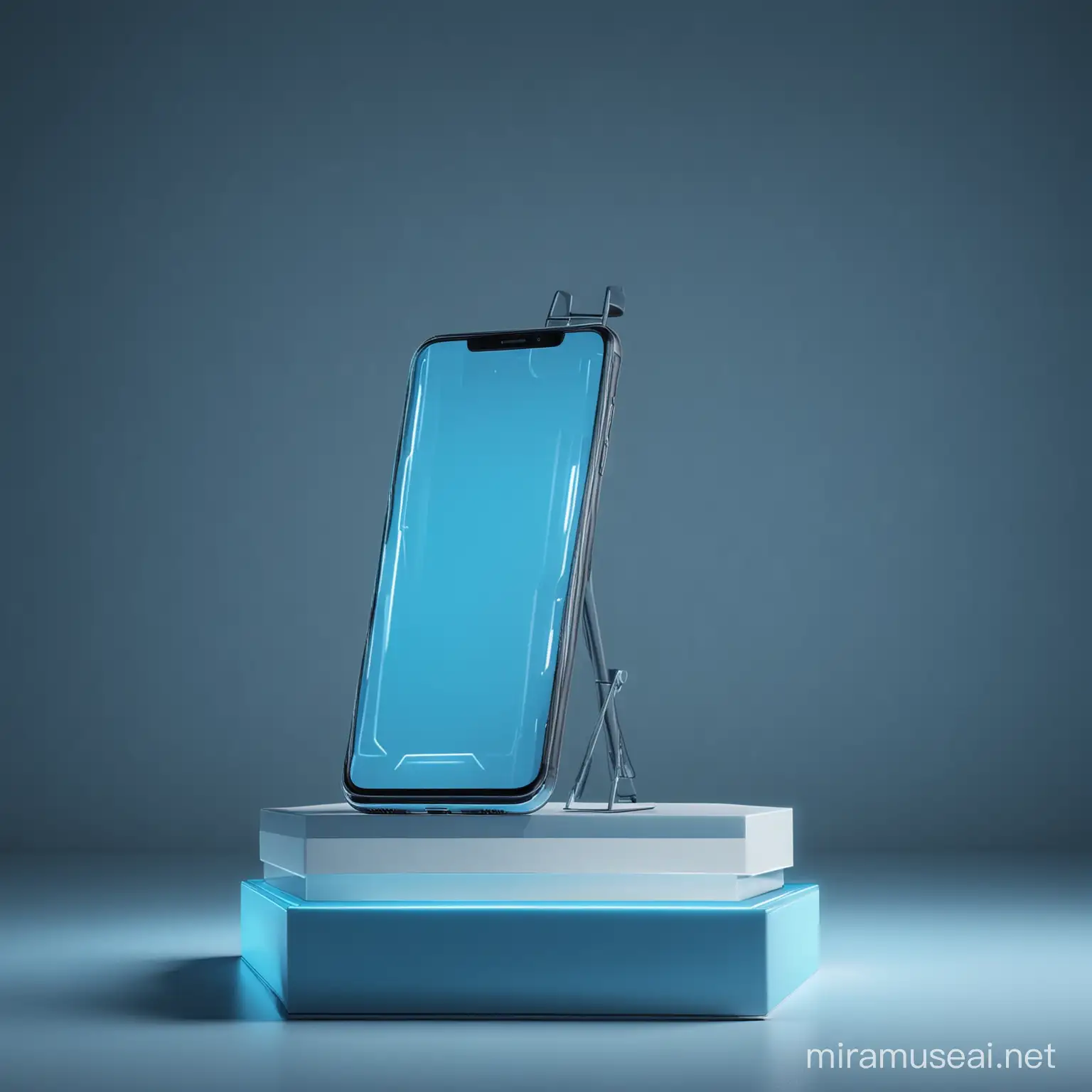 Smartphone on podium in empty blue scene with diagonal blue line neon lamps on background. Smartphone  with neon elements