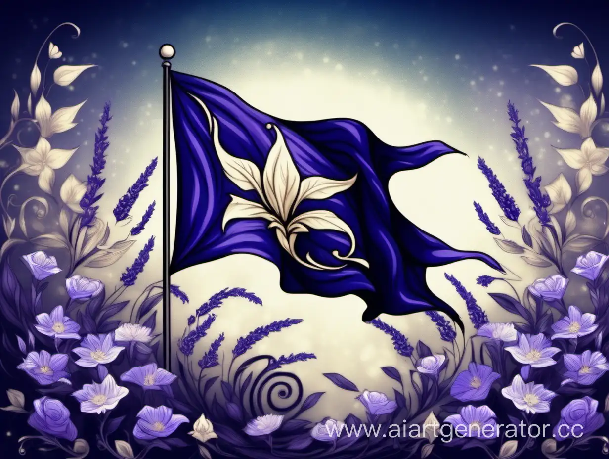 Флаг , в  стиле фэнтези, темно-синий, лавандовый кремовый, цветы эльфы гордость стать