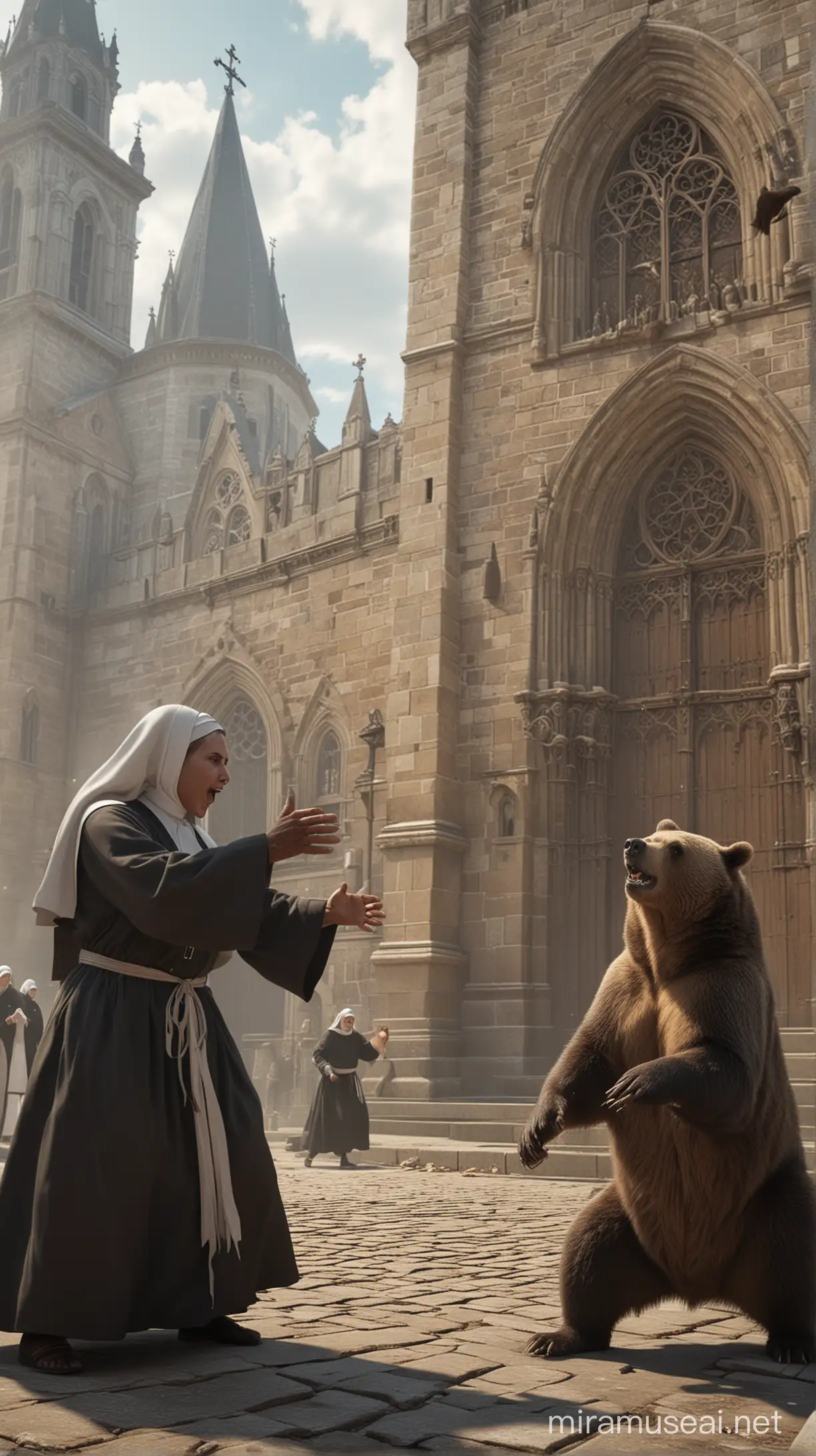 Un oso pelando a puño limpio con una monja frente a una iglesia mientras varias monjas miran alrededor, 3D, hd, bien detallada, buena iluminación 