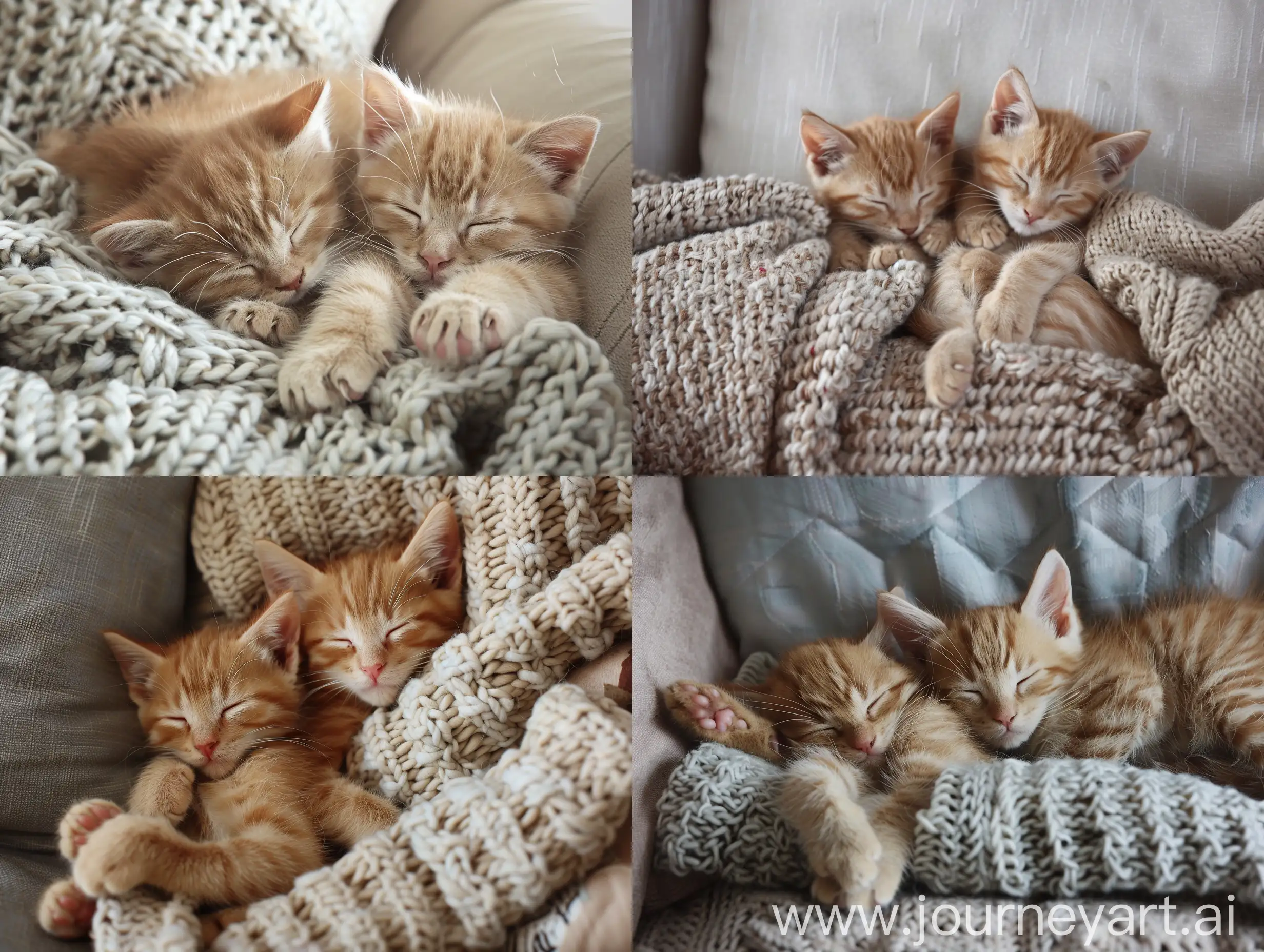 Adorable-Ginger-Kittens-Cuddling-on-Couch-Under-Knitted-Blanket
