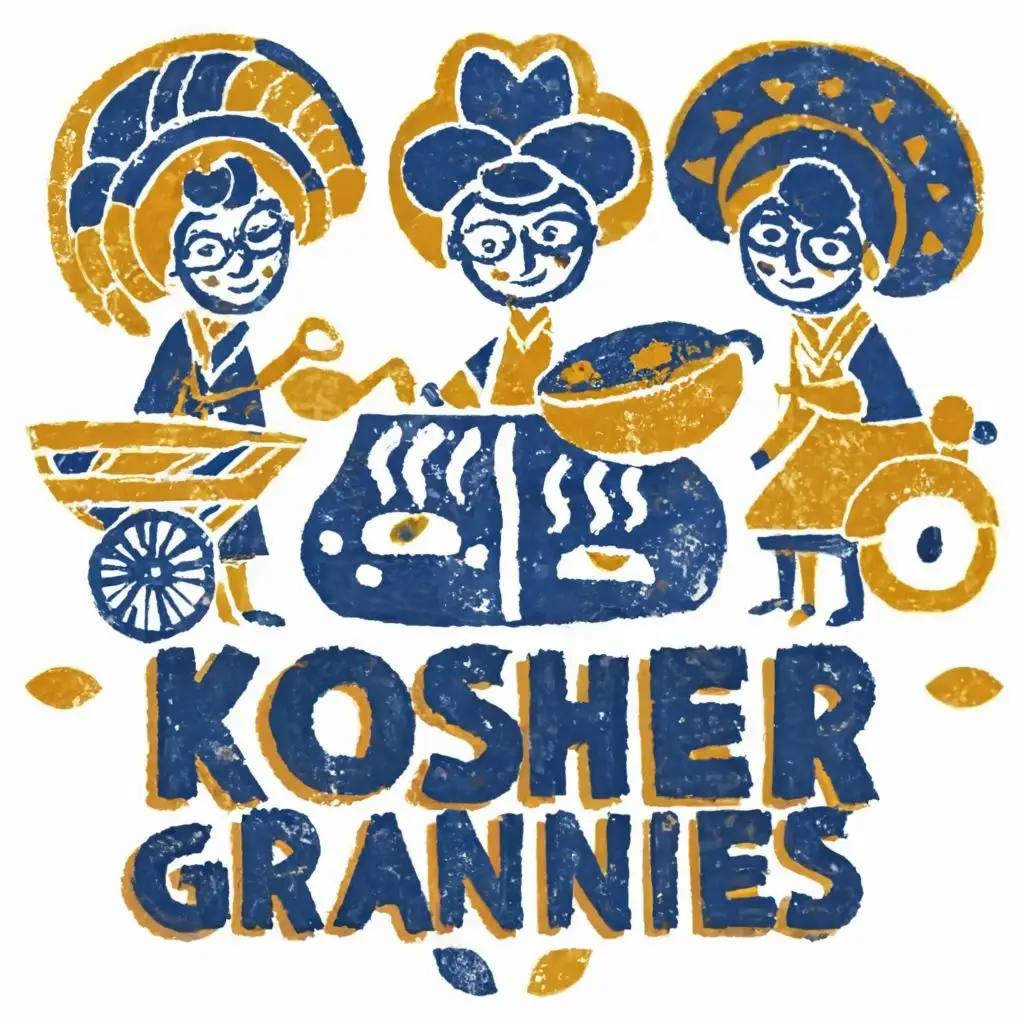 logo, Israel, yellow, blue, white, red, Jewish food and very reduced traditional cool Jewish grannies cooking, Paul Klee, with the text 'Kosher Grannies', in Portuguese tiles, typography, be used in the Automotive industry