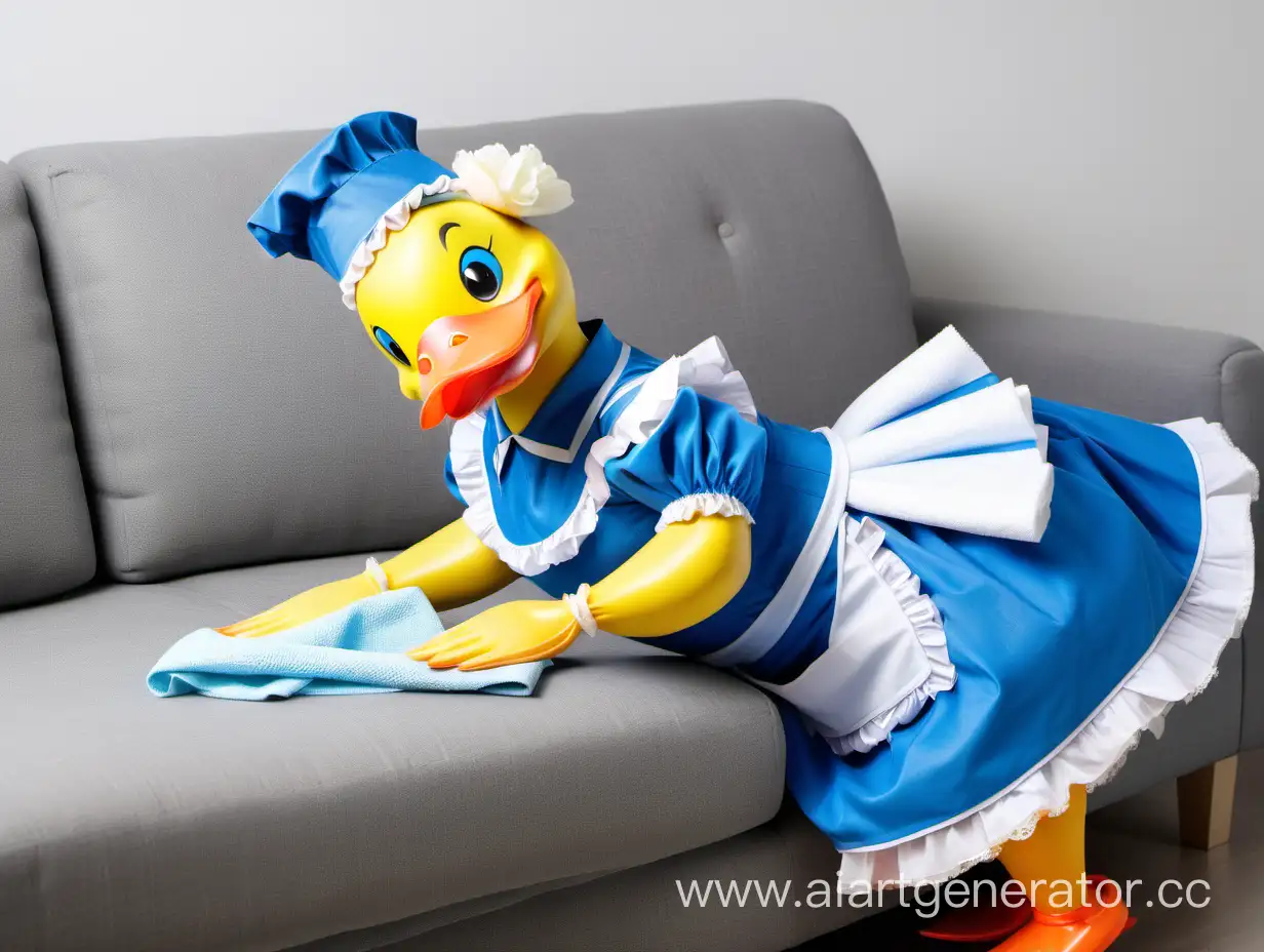 Quirky-Duck-in-Blue-Maids-Costume-Tidying-Sofa