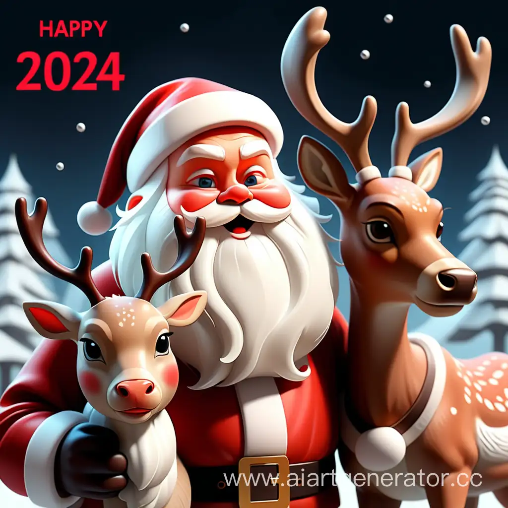Привет сгенерирует пожалуйста поздравительную новогоднюю открытку с 2024-м годом с дедом морозом и оленями