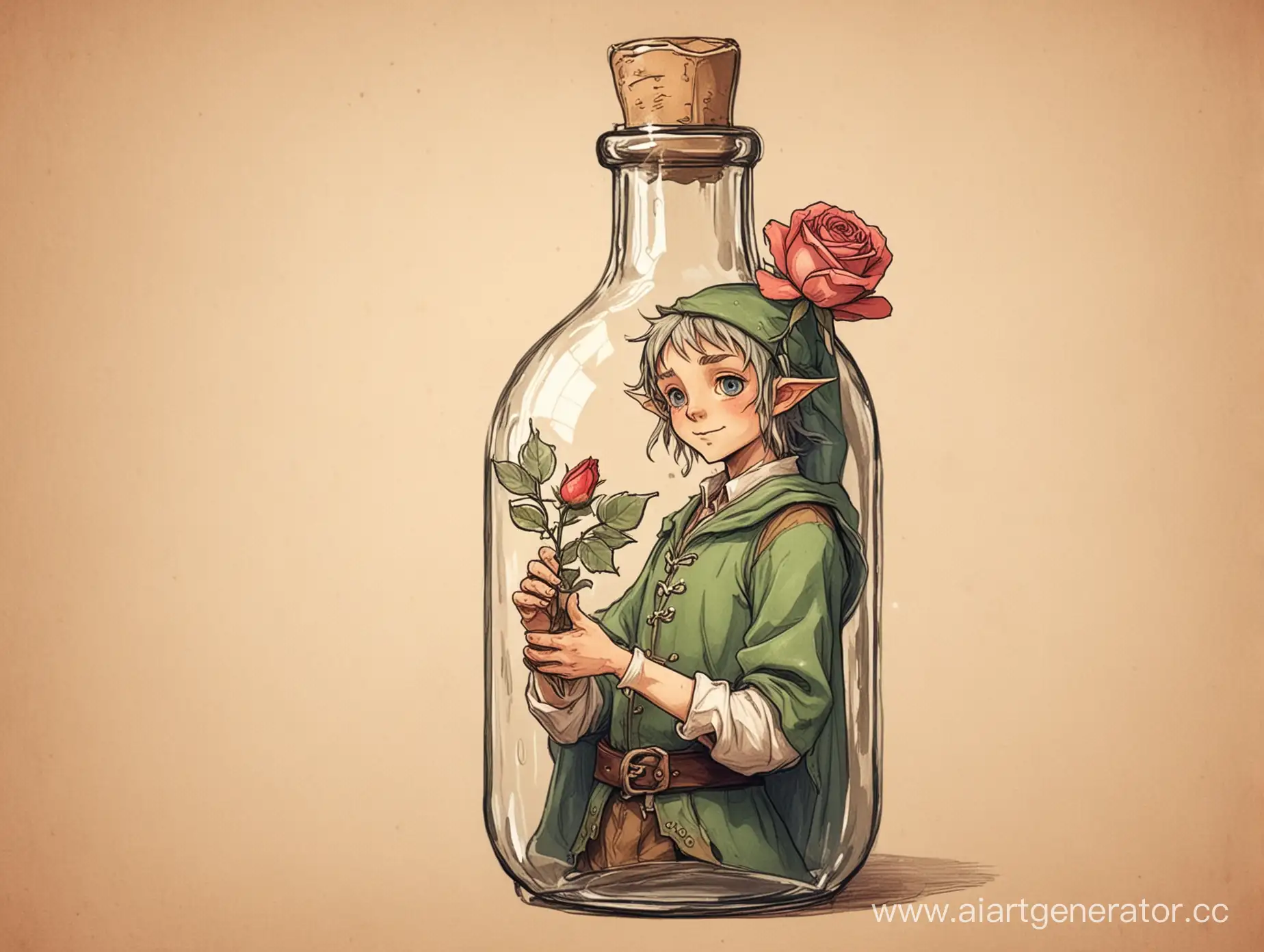 бутылка в которой находится маленький эльф держащий в руках розу. аниме стиль, формат рисунка на бумаге 