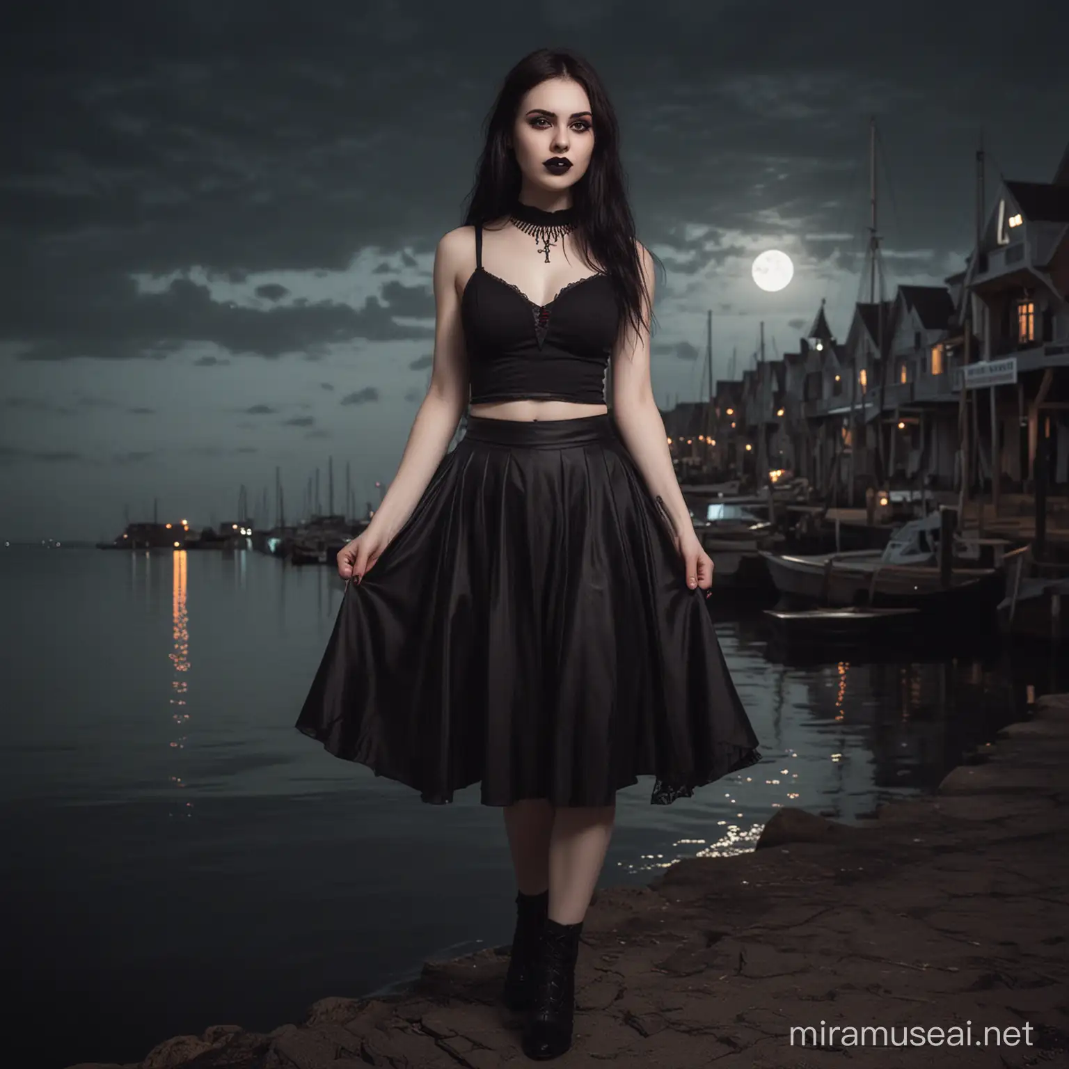 goth girl with vampire fangs in midi a-line skirt screeming into darkness at the bay at deep moon night, MalKavian Clan Vampire the Masquerade,