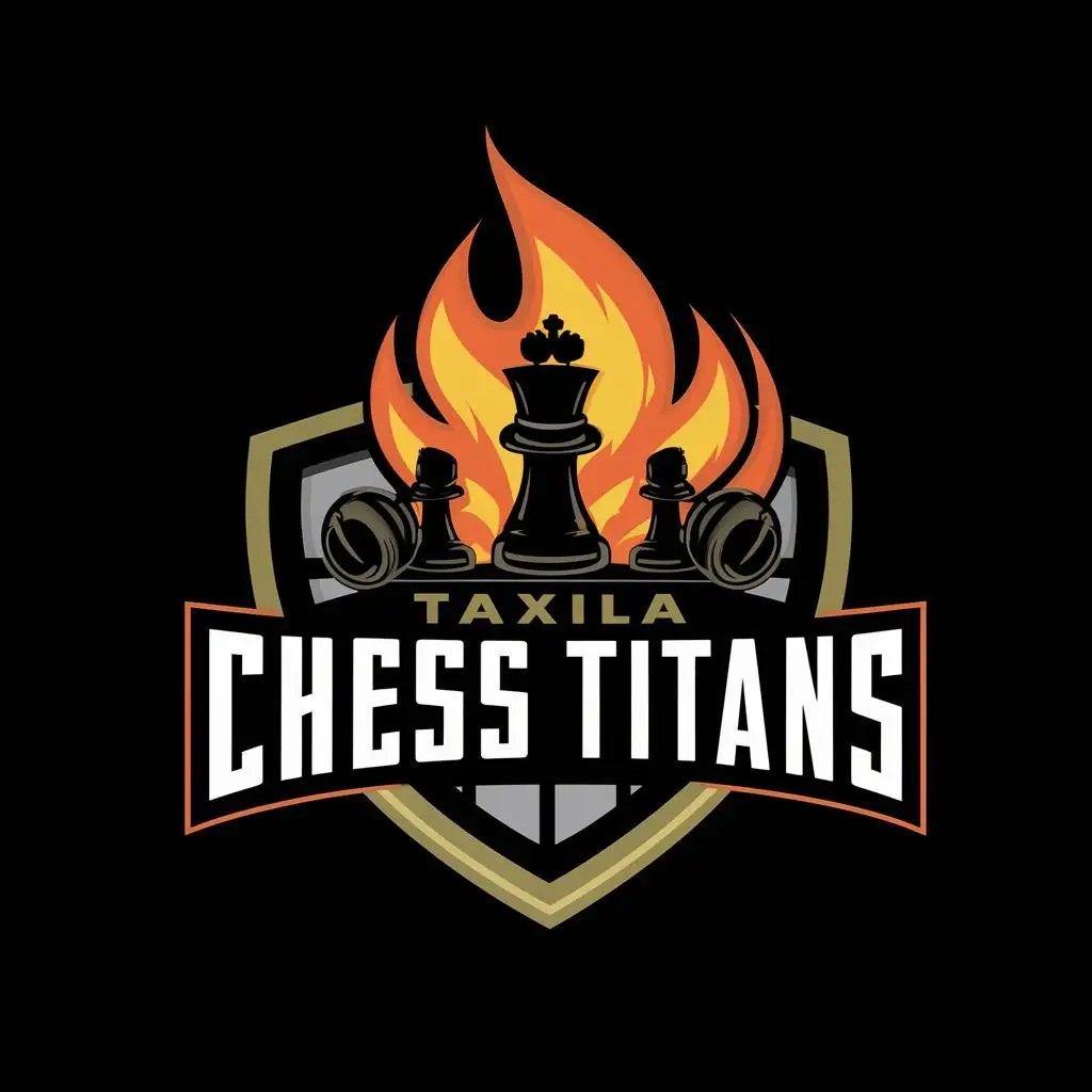 LOGO-Design-For-Taxila-Chess-Titans-Dynamic-Chess-Piece-and-Board-with-Fiery-Typography