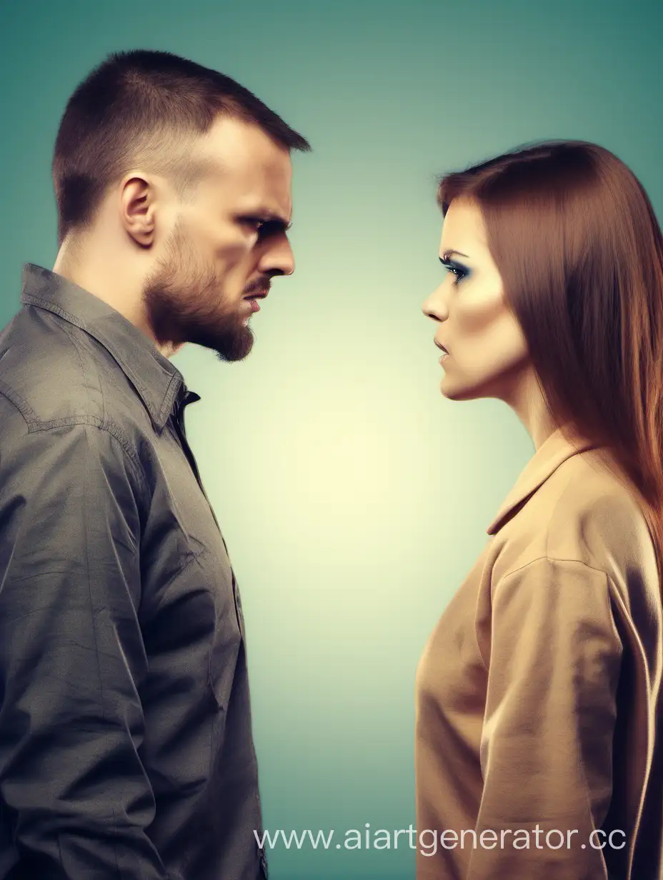 мужчина и женщина в ссоре стоят друг к  другу спиной на светлом фоне