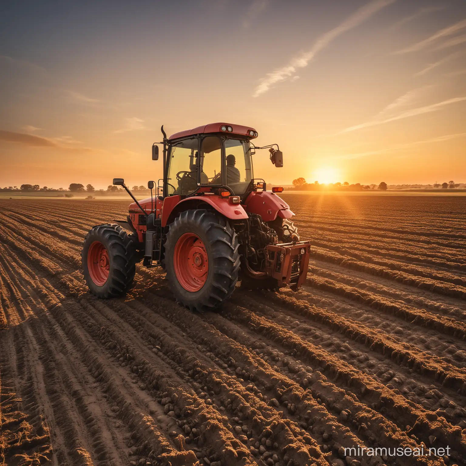 photographie réaliste d'un agriculteur conduisant un tracteur dans un champ au coucher du soleil