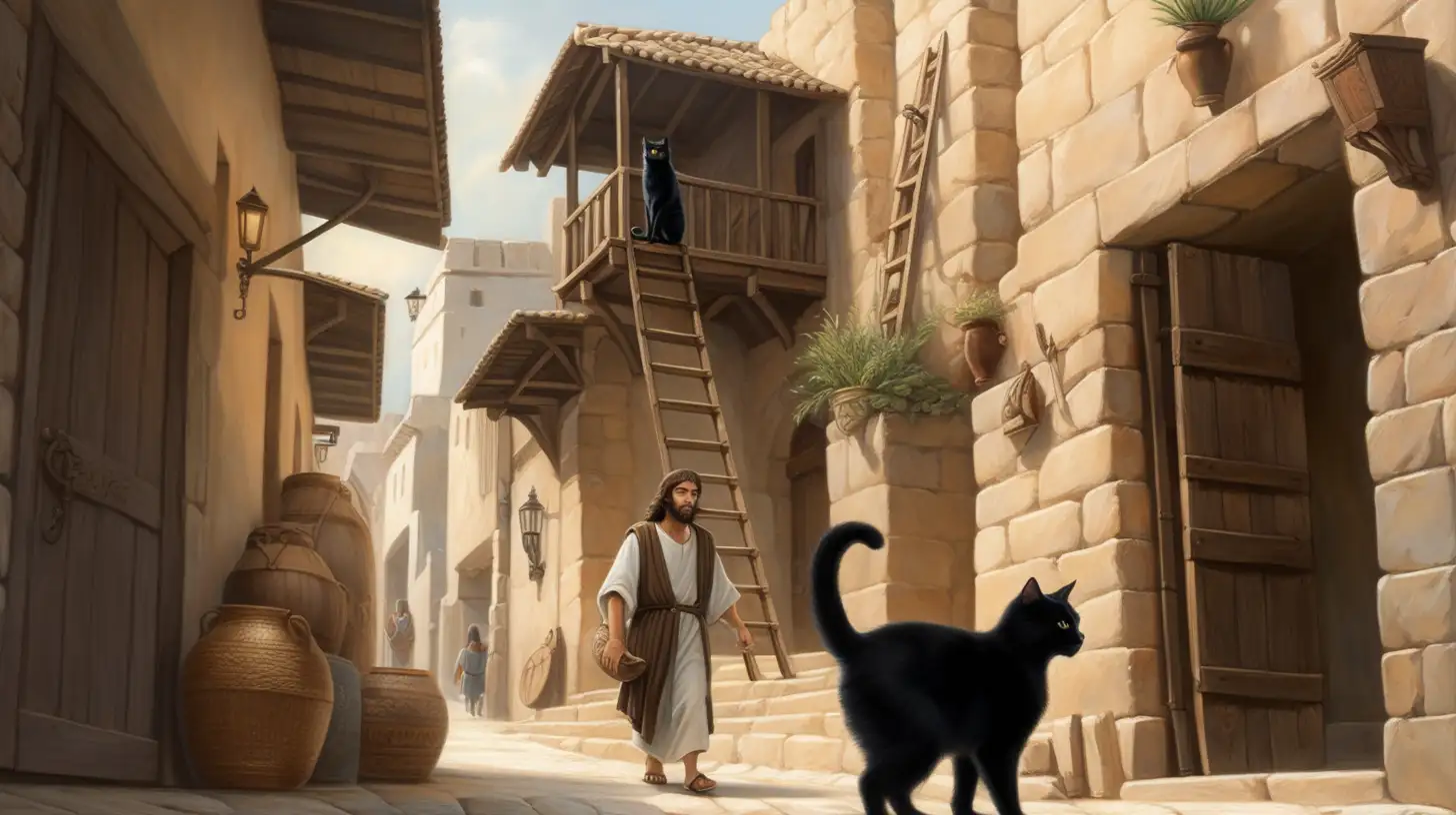 epoque biblique, un hébreu aux cheveux marrons mi long marche dans une rue d'une ville hébreu antique, une échelle en bois est posée contre un mur, un chat noir passe devant lui