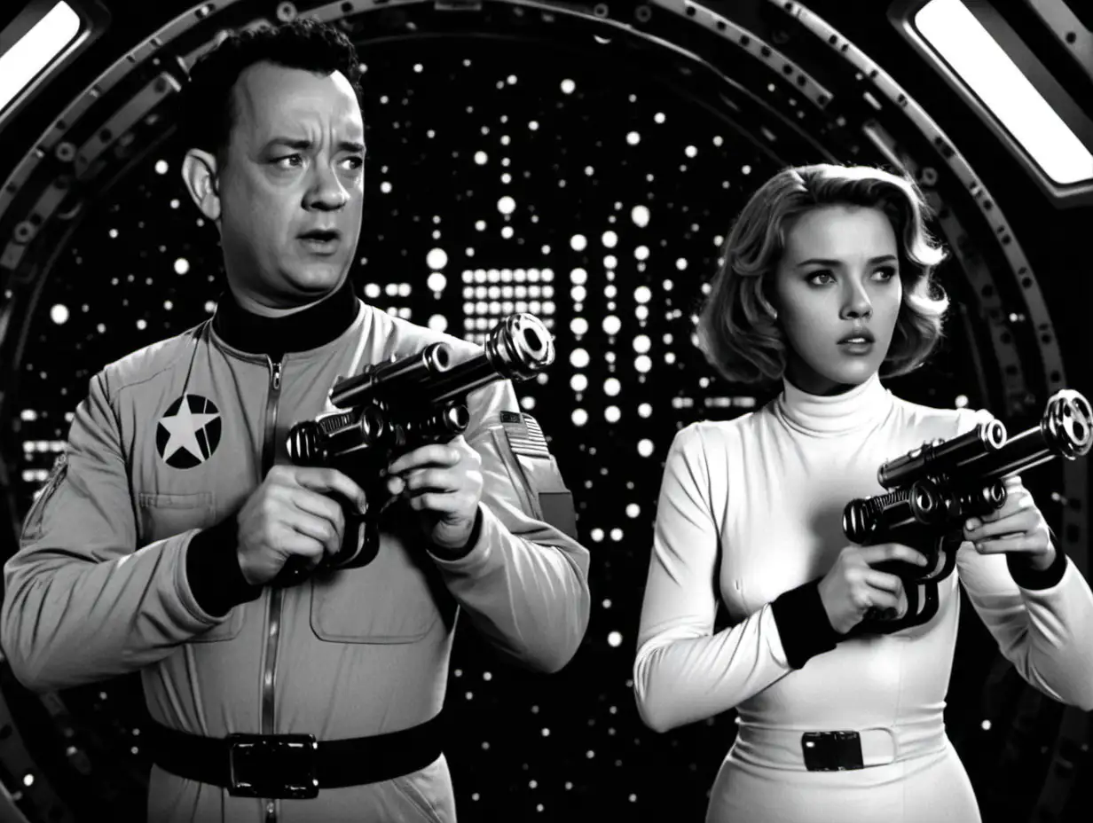 1976 black and white dvd screen grab of tom hanks and Scarlett johanasson holding ray guns on a spaceship