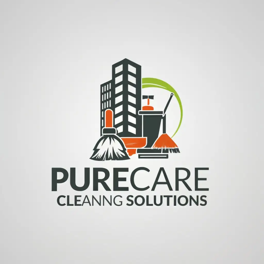 a logo design,with the text "PureCare cleaning solutions", main symbol:a building 
 broom
 bucket
 duster
,Moderate,clear background
