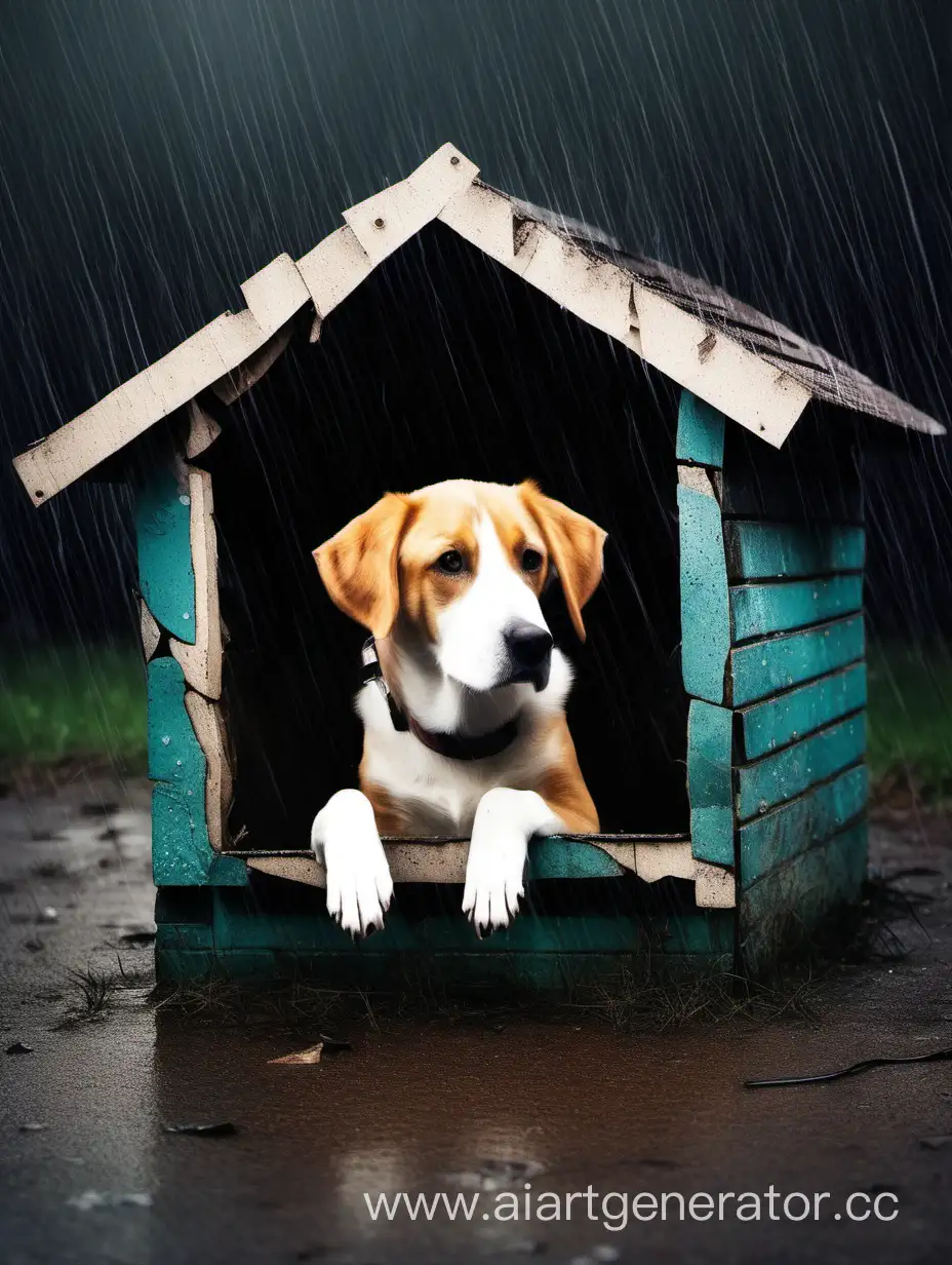 собака в  сломанной перекошенной собачьей будке. Идёт ливень.