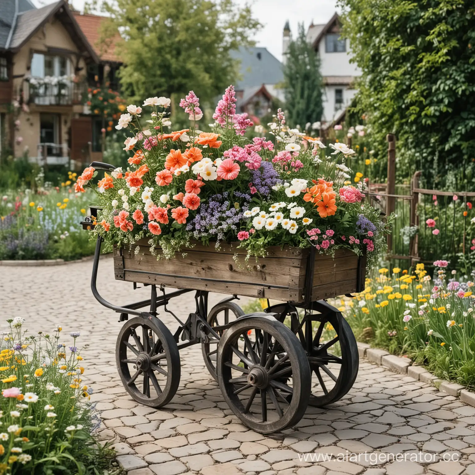 Vibrant-Flower-Cart-in-a-Lush-Garden-Setting