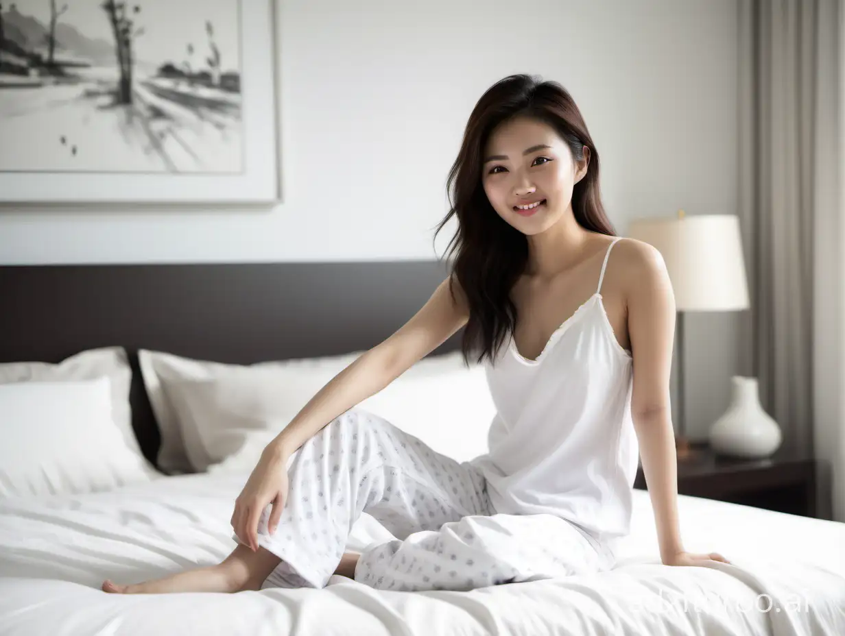 一位抿嘴微笑的25岁中国女人，身材纤细，穿着白色吊带睡衣，坐在现代风格的宽敞白色大床上，房间由窗户带来自然光线明亮，整体风格真实自然。
