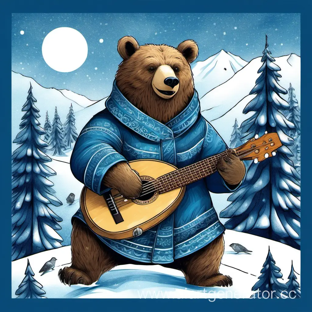Картинка в синих оттенках с медведем на снегу который держит балалайку и  поет