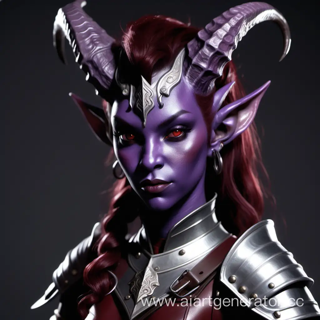 The purple-skinned Tiefling girl. her skin has a light purple hue. She has delicate but expressive facial features, adorned with a pair of not big horns that grow out of her head. Her hair is long and silky, a deep red shade.She's wearing steel armor