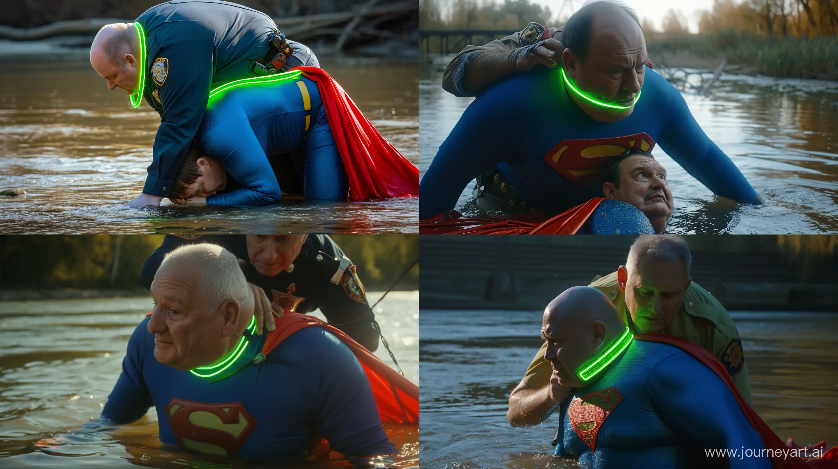 Close-up photo of a fat french policeman aged 60. Bending behind and tightening a tight green glowing neon dog collar on the nape of a fat man aged 60 wearing a tight blue 1978 smooth superman costume with a red cape crawling in the water. Natural Light. River. --style raw --ar 16:9