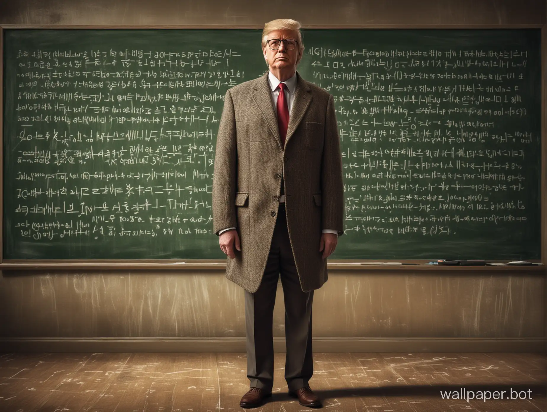 A thought-provoking illustration of a physics teacher standing in front of a chalkboard. He is wearing a tweed jacket and glasses, and his chalk-filled hand is writing an equation: 'Donald Trump = Hope for America'. The chalkboard is covered in equations, and there's a blackboard eraser on the floor. The room is dimly lit, with only a small window allowing sunlight to enter. The atmosphere conveys a sense of tension and uncertainty., illustration