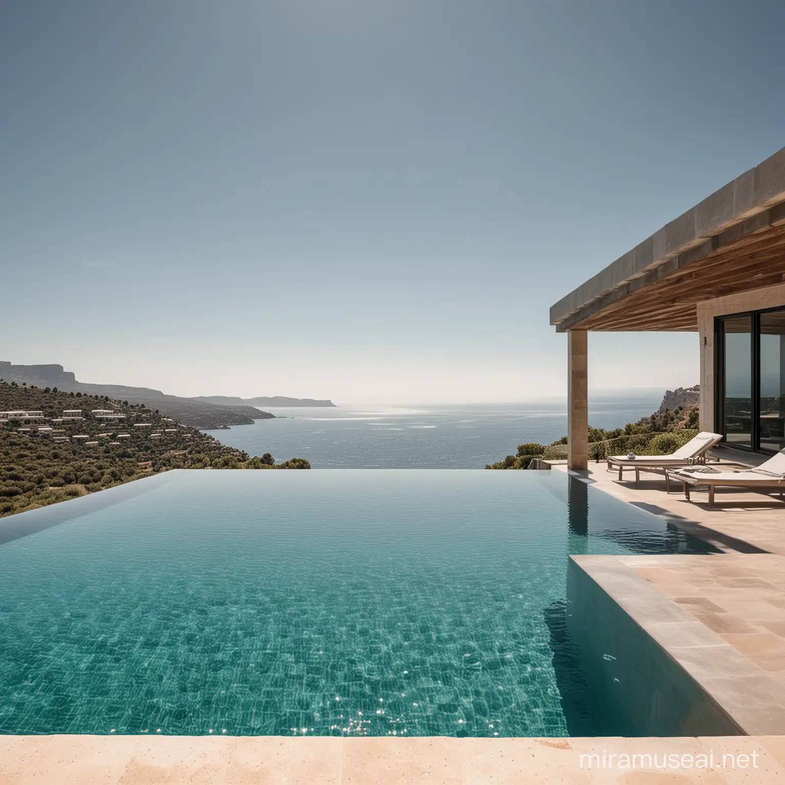 infinity pool next to modern villa with views of the sea. Beautiful photo of the pool. The pool is in Mallorca.